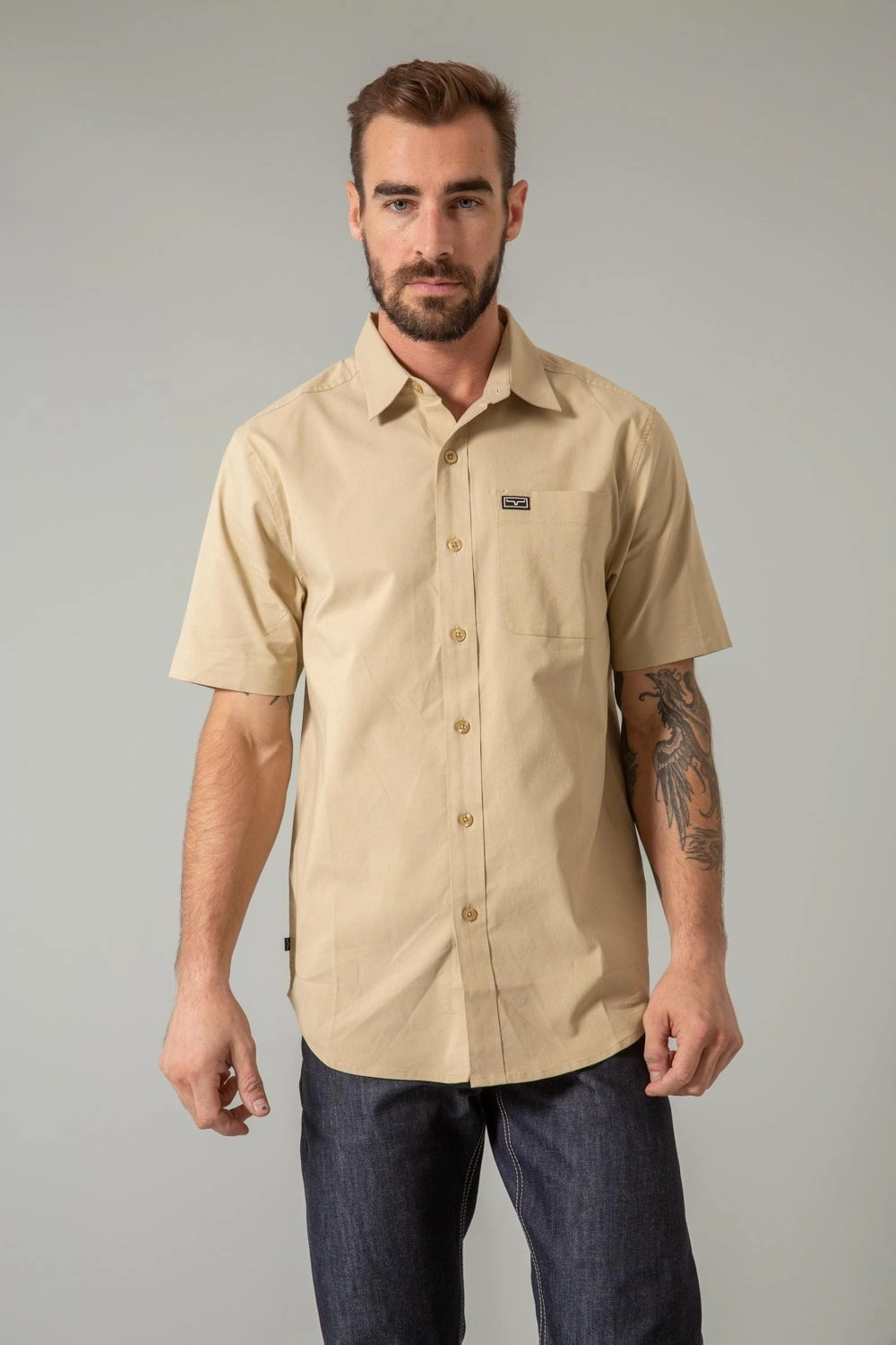 Stylish Design Polished Placket Kimes Ranch Mens Linville Solid Khaki Cotton Blend S/S Shirt