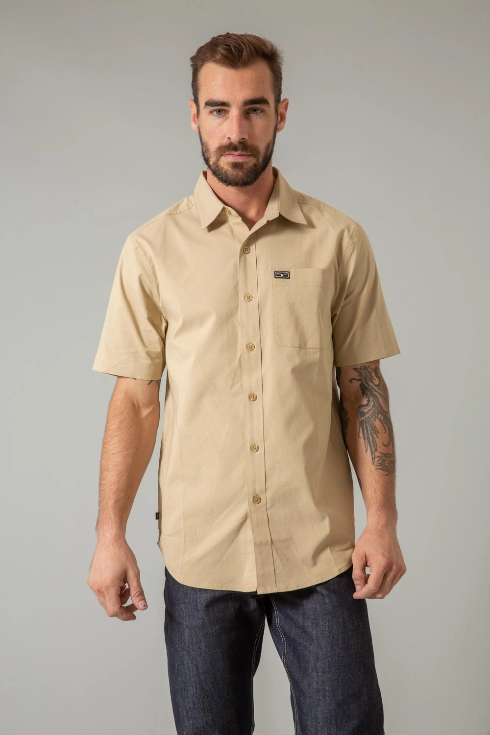 Kimes Ranch Mens Linville Solid Khaki Cotton Blend S/S Shirt Lounge Comfort Festival Fashion