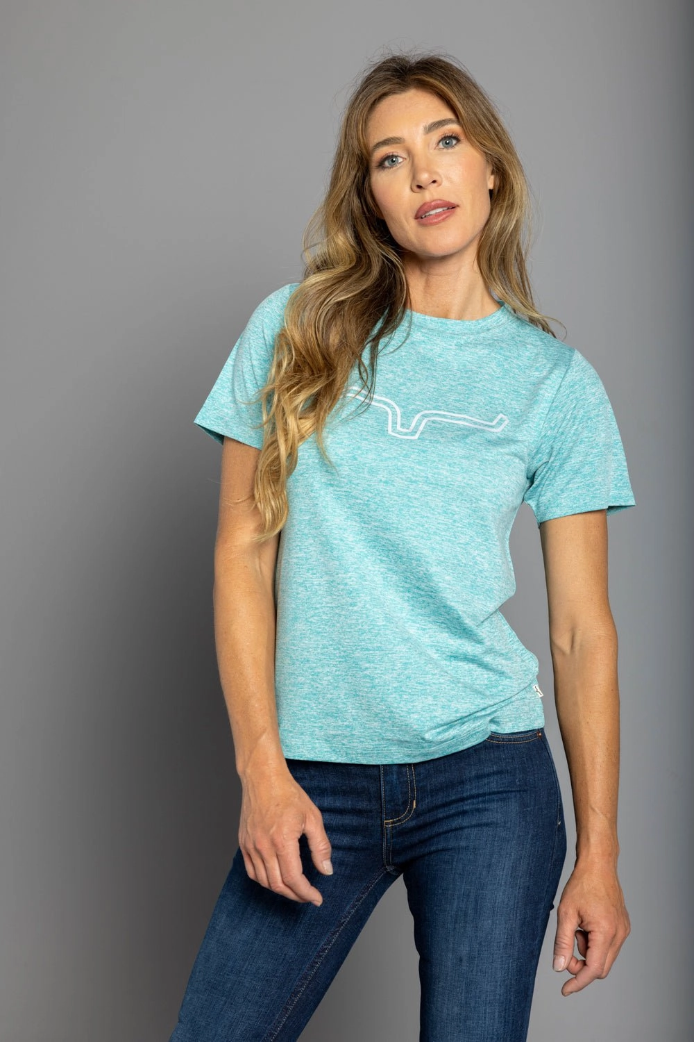 Kimes Ranch Womens Outlier Tech Tee Light Blue Heather Cotton Blend S/S T-Shirt Smooth Texture Contemporary Style