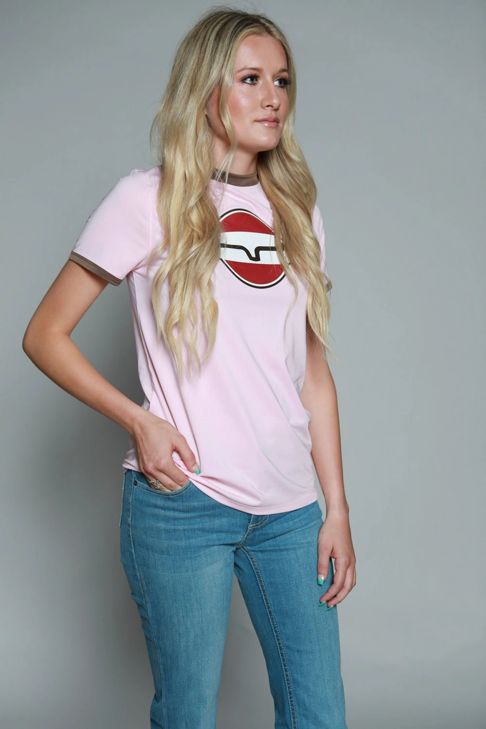 Kimes Ranch Womens Union Made Ringer Tee Blush Polyester S/S T-Shirt Abrasion Resistant Edging No Bulk Layering System