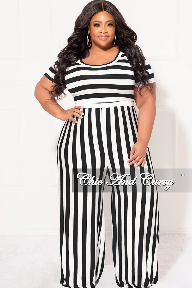 Final Sale Plus Size Short Sleeve Jumpsuit in Black and White Stripes Zip-off legs