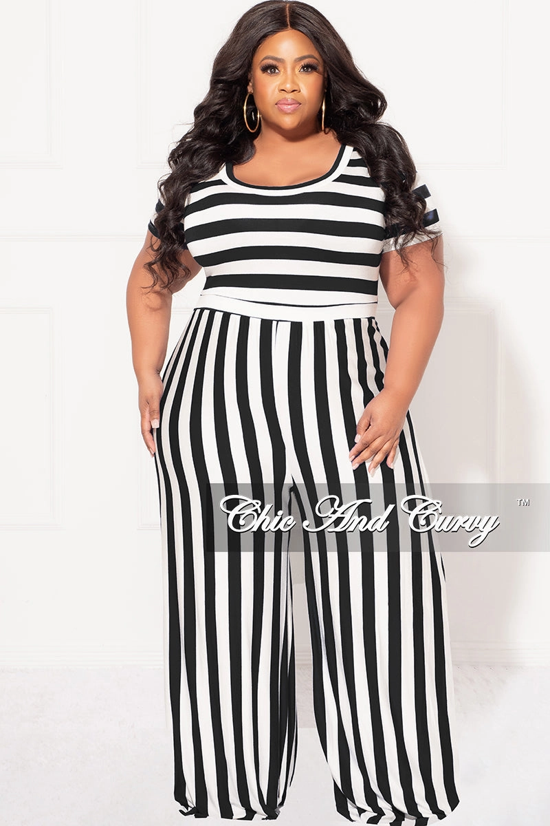 Final Sale Plus Size Short Sleeve Jumpsuit in Black and White Stripes Smooth Finish