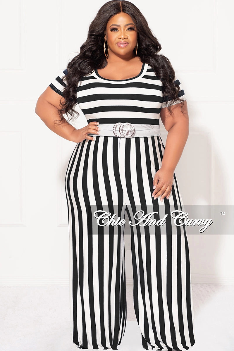 Adjustable Drawcord Packable Fit Final Sale Plus Size Short Sleeve Jumpsuit in Black and White Stripes