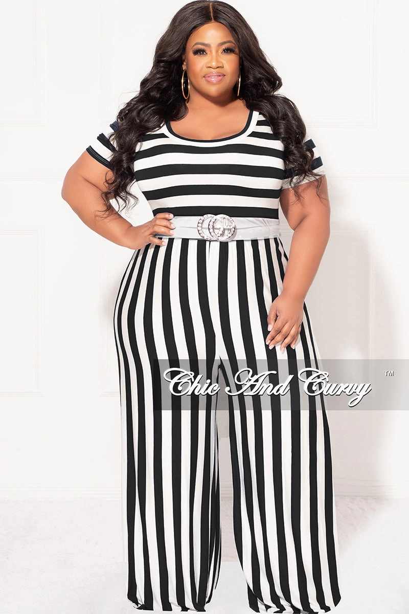 Final Sale Plus Size Short Sleeve Jumpsuit in Black and White Stripes Low Bulk Material Durable Construction
