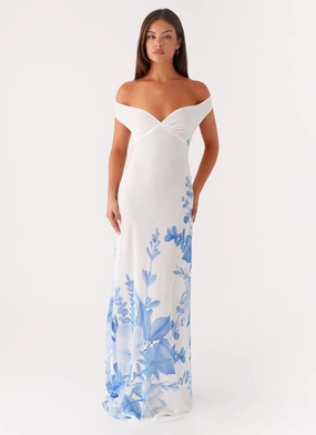 Krissa Maxi Dress - Blue Floral Airy Weave Flowy summer gown