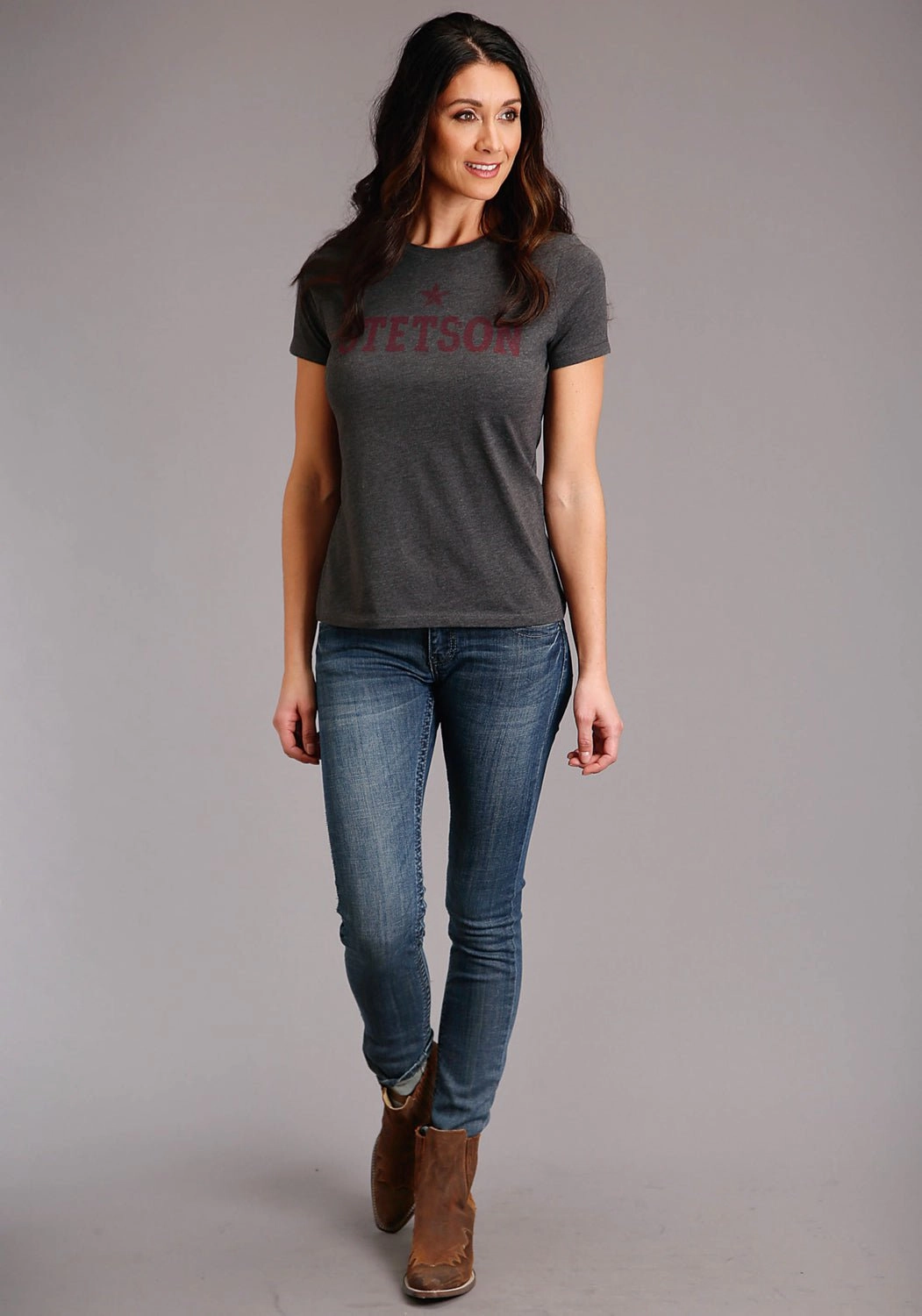 Stetson Womens Dark Grey Cotton Blend Dark Red Star S/S T-Shirt Unique Design Seasonal Trend