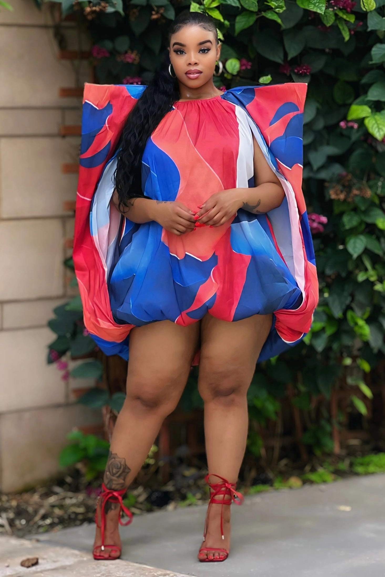 Airy Drape Lana Bubble Hem Strong Shoulder Mini Dress