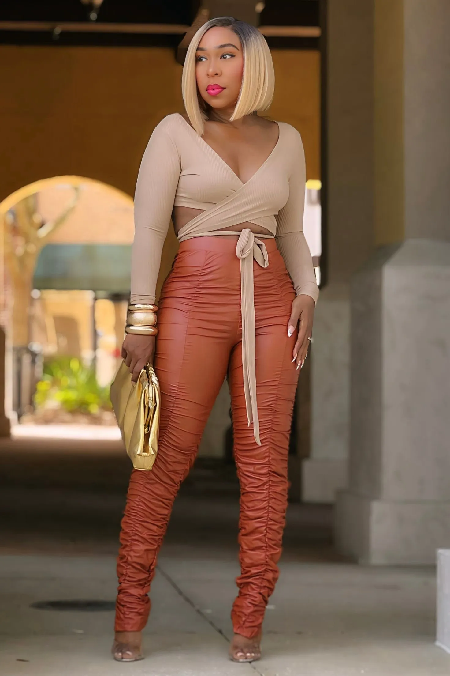 Laruth Leatherette Bungie Pants - Rust Durable Activewear