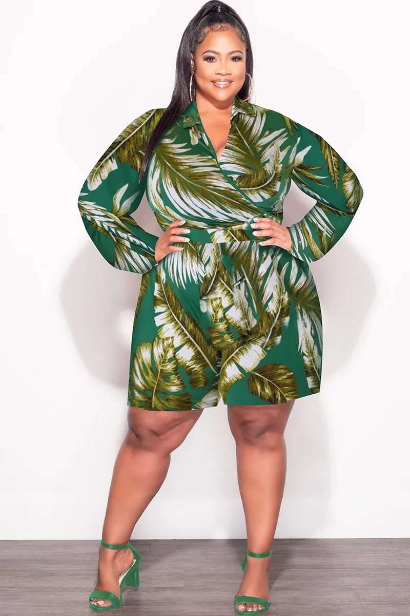 Final Sale Plus Size 2pc Crop Top & Bermuda Short Set in Green & Olive Palm Print Work Flex AdjustableDrawstring