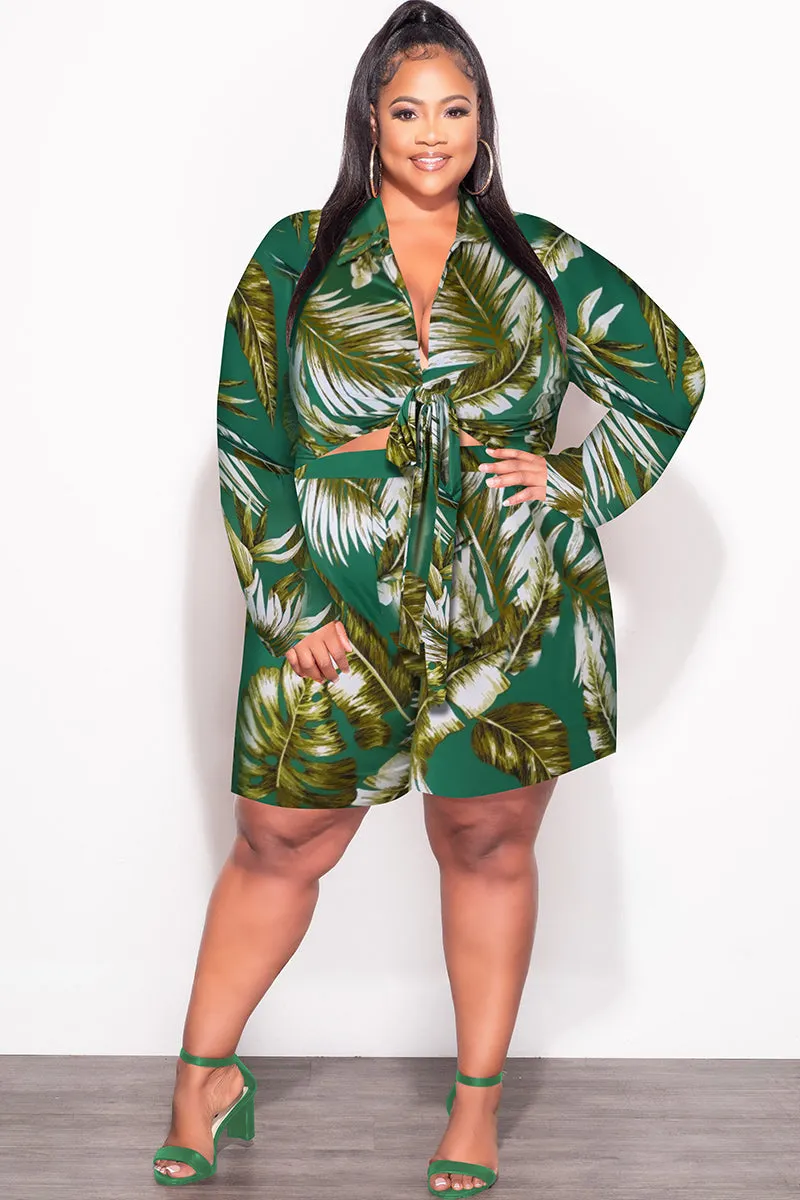 Final Sale Plus Size 2pc Crop Top & Bermuda Short Set in Green & Olive Palm Print Sporty Design Layer Ready