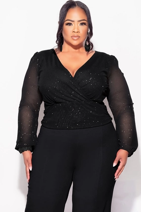 Final Sale Plus Size Sheer Glitter Faux Wrap Top in Black FourWay Stretch Comfortable Cotton