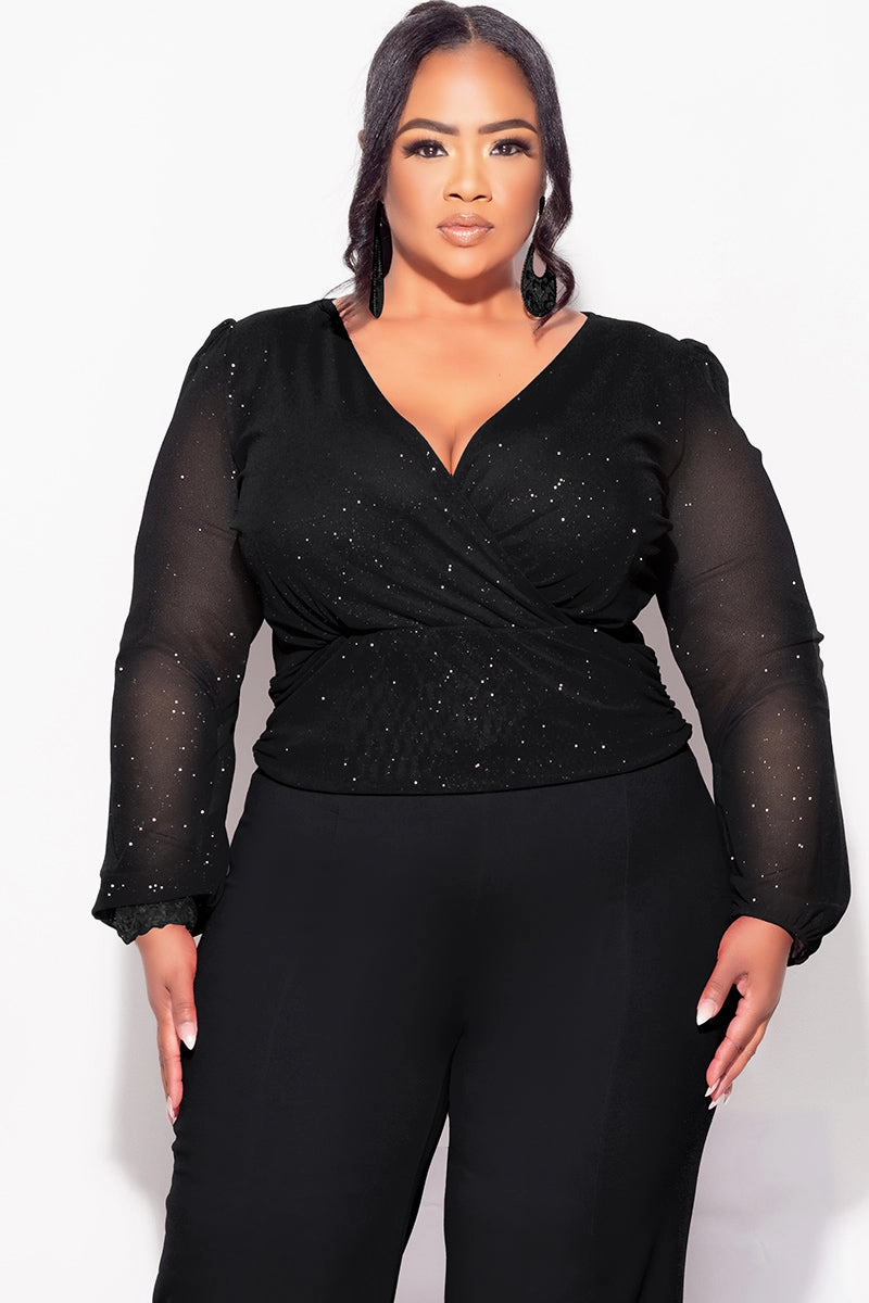 Final Sale Plus Size Sheer Glitter Faux Wrap Top in Black MicroPiqueKnit High-End Quality