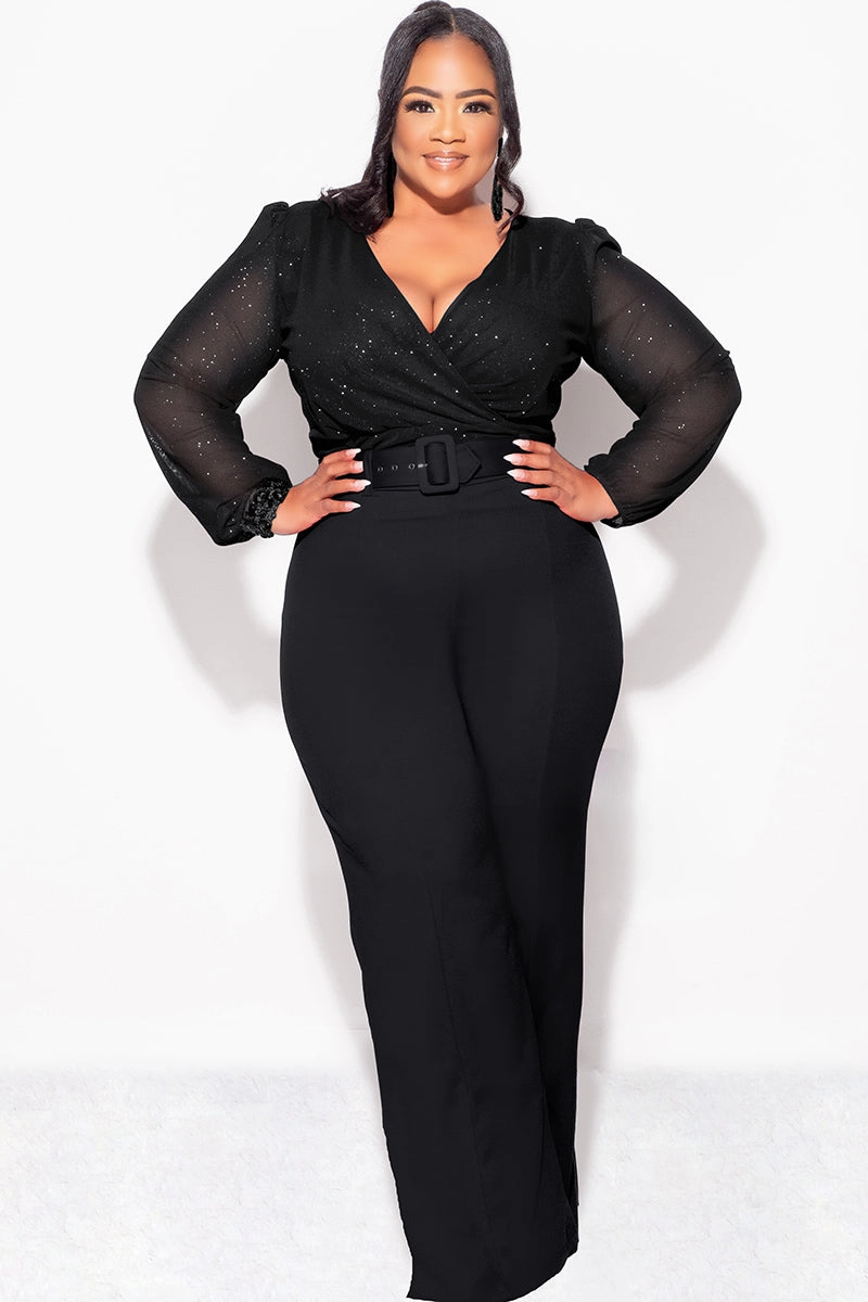 Tapered Side Panels Final Sale Plus Size Sheer Glitter Faux Wrap Top in Black