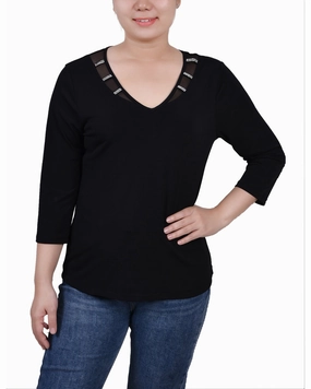 FrictionResistant Fabric Petite 3/4 Sleeve Top With Illusion Neckline and Stones