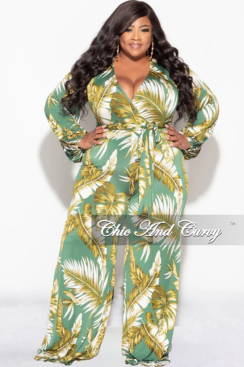 Tough Style AntibacterialCoating Final Sale Plus Size Deep V Jumpsuit with Tie in Green Leaf Print