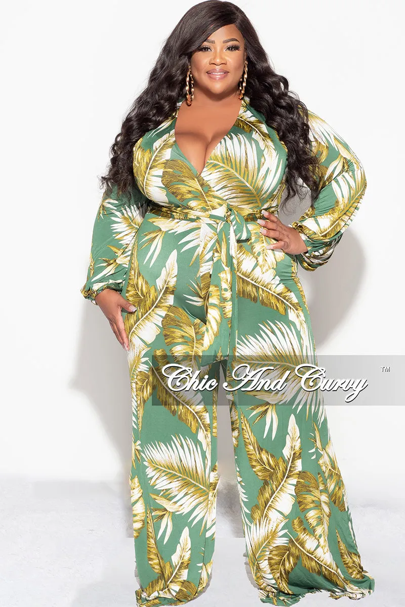 Casual Look Performance Fit Final Sale Plus Size Deep V Jumpsuit with Tie in Green Leaf Print