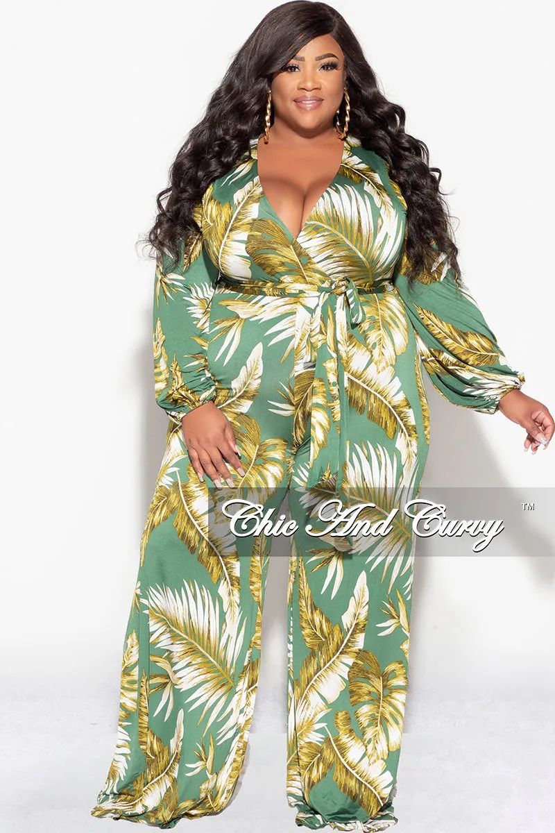 Street Utility Final Sale Plus Size Deep V Jumpsuit with Tie in Green Leaf Print