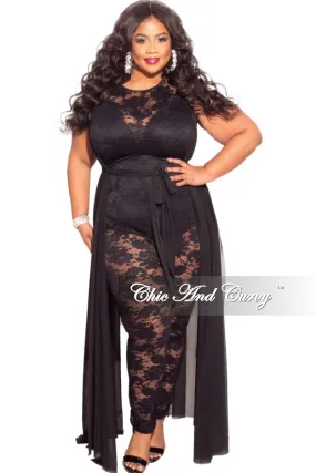 ResilientElasticBand Final Sale Plus Size Mesh Train Lace Jumpsuit in Black