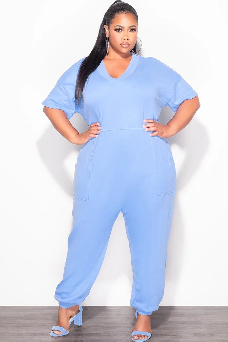 Final Sale Plus Size Harem Jumpsuit in Light Blue Free Movement Flexible Performance Wear