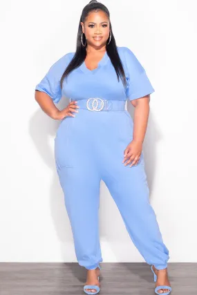 Final Sale Plus Size Harem Jumpsuit in Light Blue Tapered leg Layer Fit