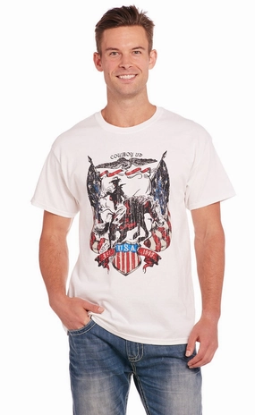 Smooth Seam Technology Sleek Layers Cowboy Up Mens USA Flag Tee White 100% Cotton S/S T-Shirt