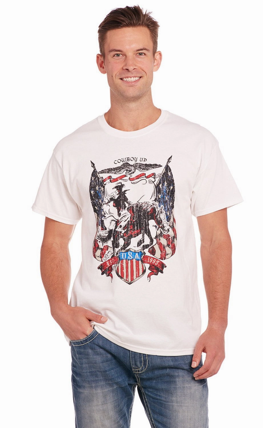 Smooth Seam Technology Sleek Layers Cowboy Up Mens USA Flag Tee White 100% Cotton S/S T-Shirt