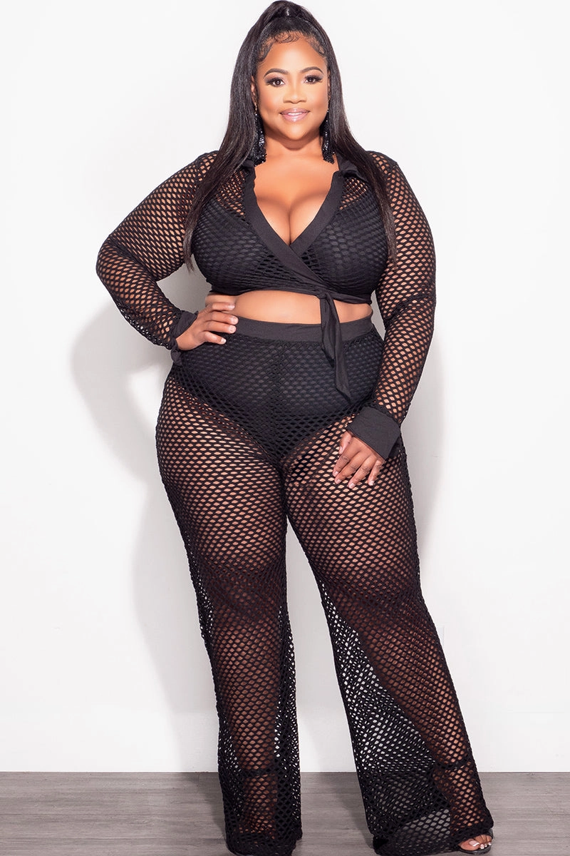 Final Sale Plus Size 2pc Fishnet Faux Wrap Tie Top and Pants Set in Black Performance Design