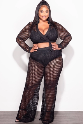 Quick Wear Final Sale Plus Size 2pc Fishnet Faux Wrap Tie Top and Pants Set in Black