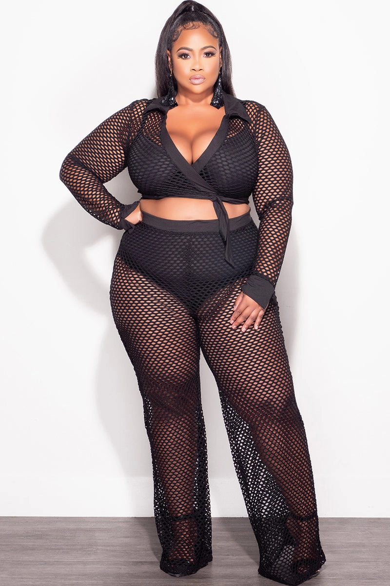 Final Sale Plus Size 2pc Fishnet Faux Wrap Tie Top and Pants Set in Black Casual Active Wear