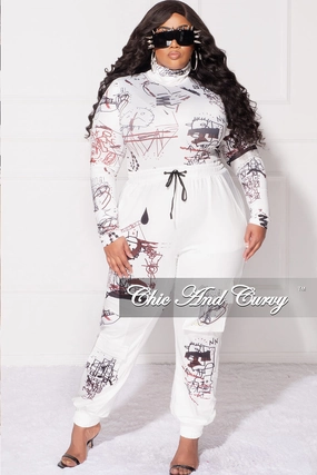Final Sale Plus Size 2pc Set in White with Black Graphic Print Lightweight Fabric