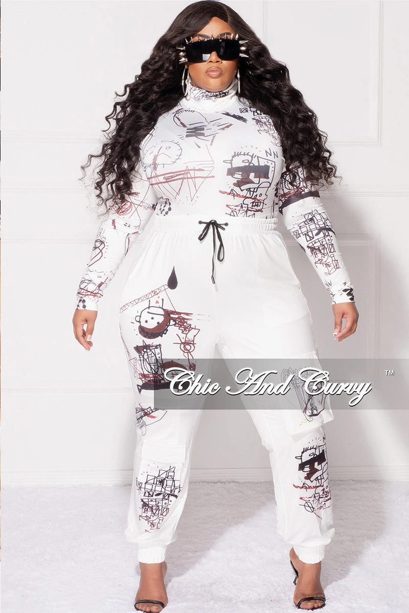 Final Sale Plus Size 2pc Set in White with Black Graphic Print Base Layer ReflectiveAccentDetails