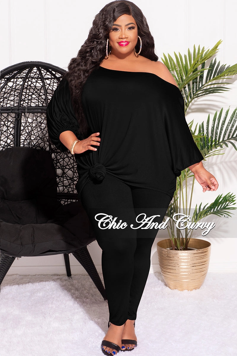 Final Sale Plus Size 2pc Set Off The Shoulder Top & Leggings in Black Comfy Texture
