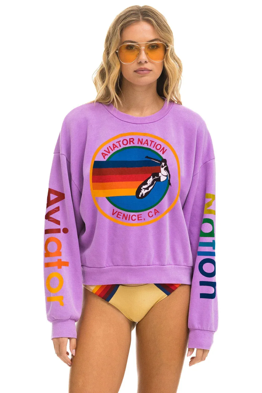 Aviator Nation RELAXED CREW SWEATSHIRT - Neon Purple SnagFreeKnit Asymmetrical hem