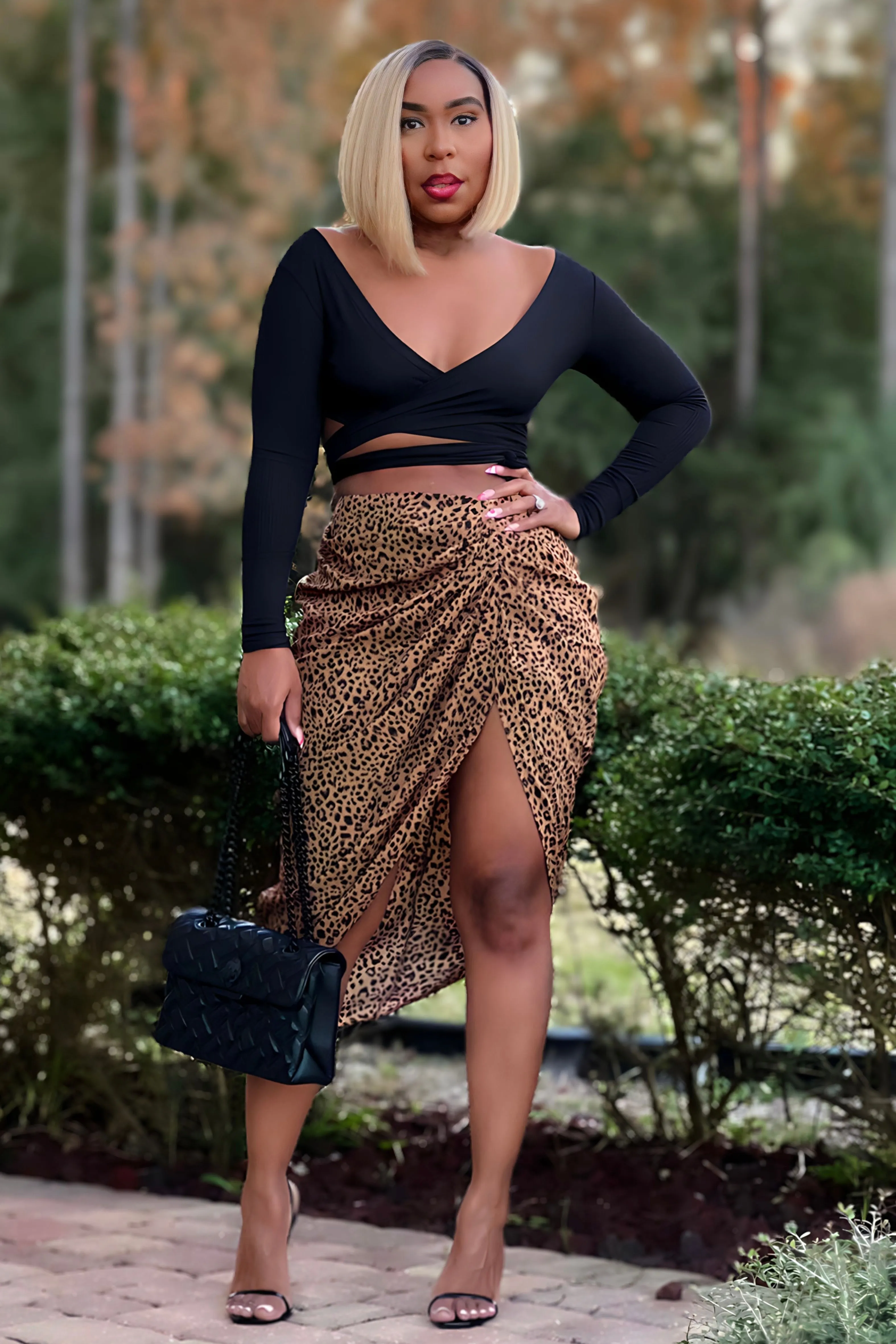 Shardae Pretty Basic Long Sleeve Wrap Top -Black Laser Cut Edges