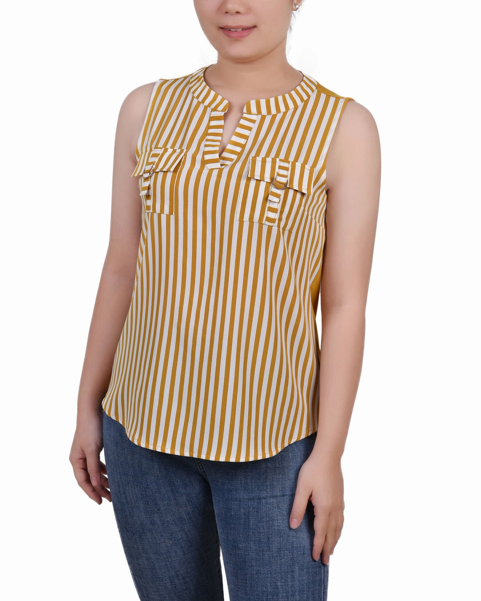 Moisture Management Fabric FourWayStretchFabric Petite Sleeveless Y Neck Combo Blouse