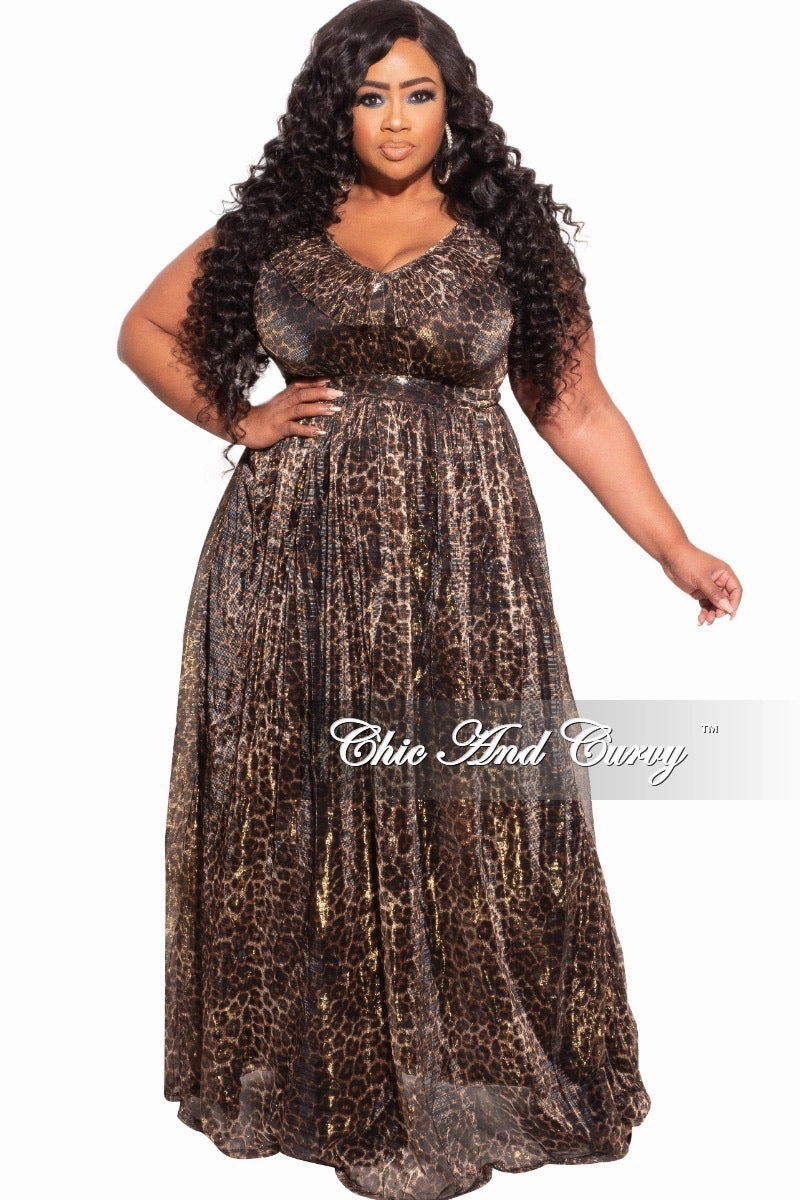 Pilling Resistant Finish Final Sale Plus Size Ruffled V-neck Chiffon Gown in Cheetah Print