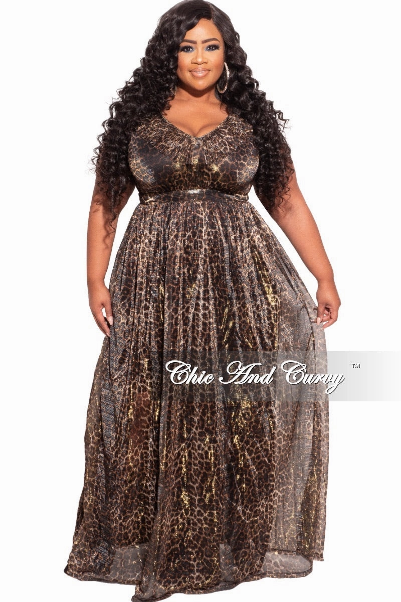 Final Sale Plus Size Ruffled V-neck Chiffon Gown in Cheetah Print Playful Prints