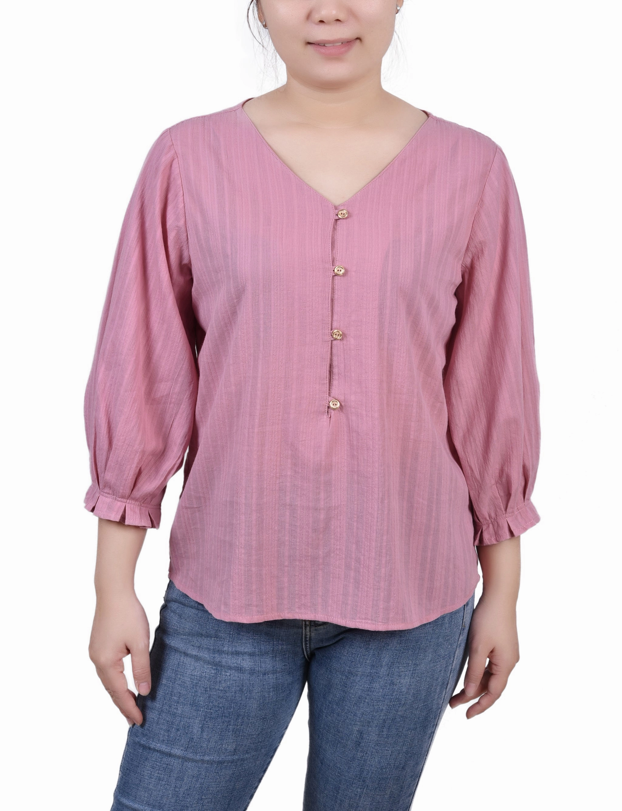 WrinkleResistantFinish Petite 3/4 Sleeve Button Placket Jacquard Blouse