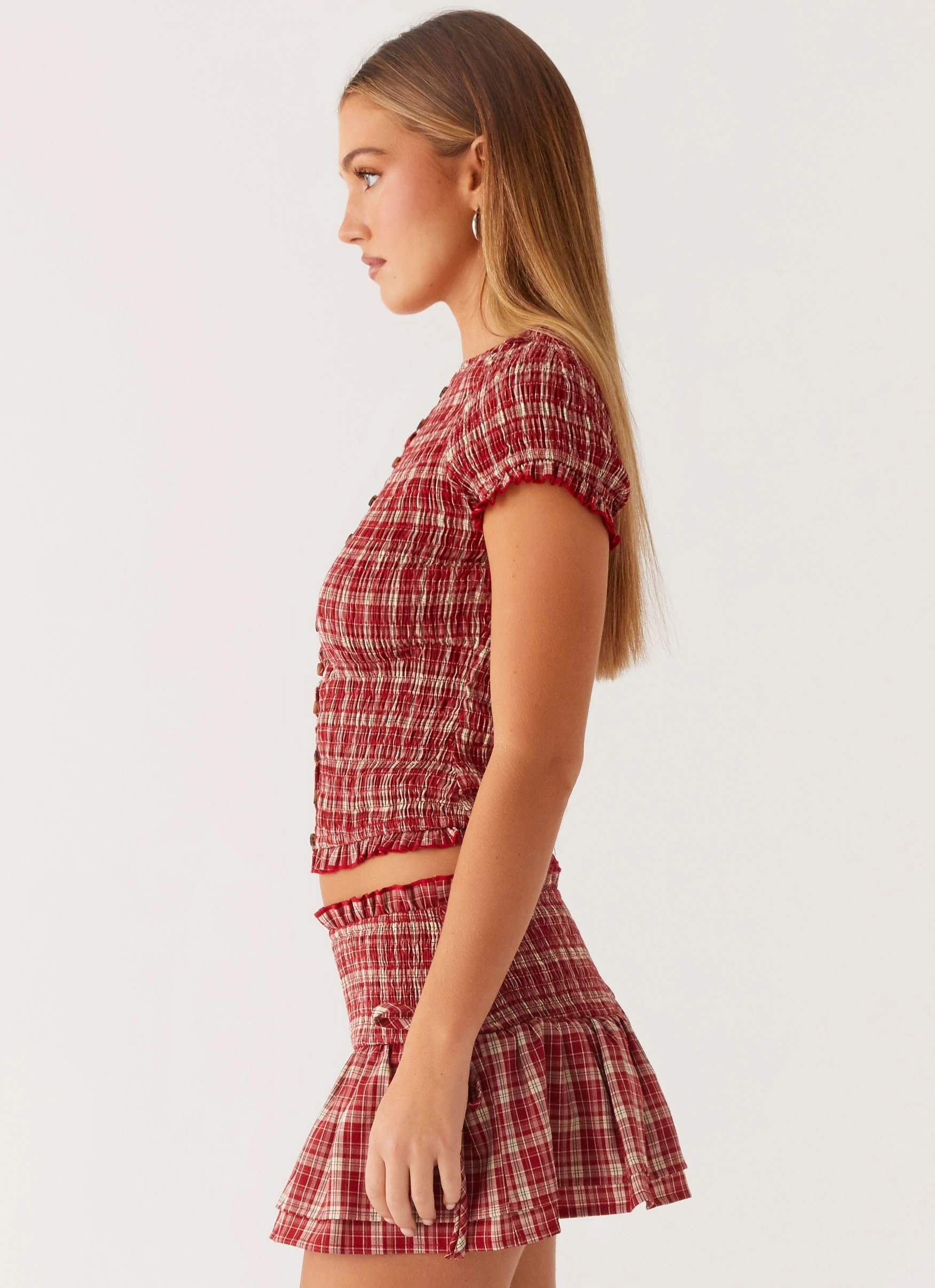 Lenore Button Top - Ruby Check Antibacterial