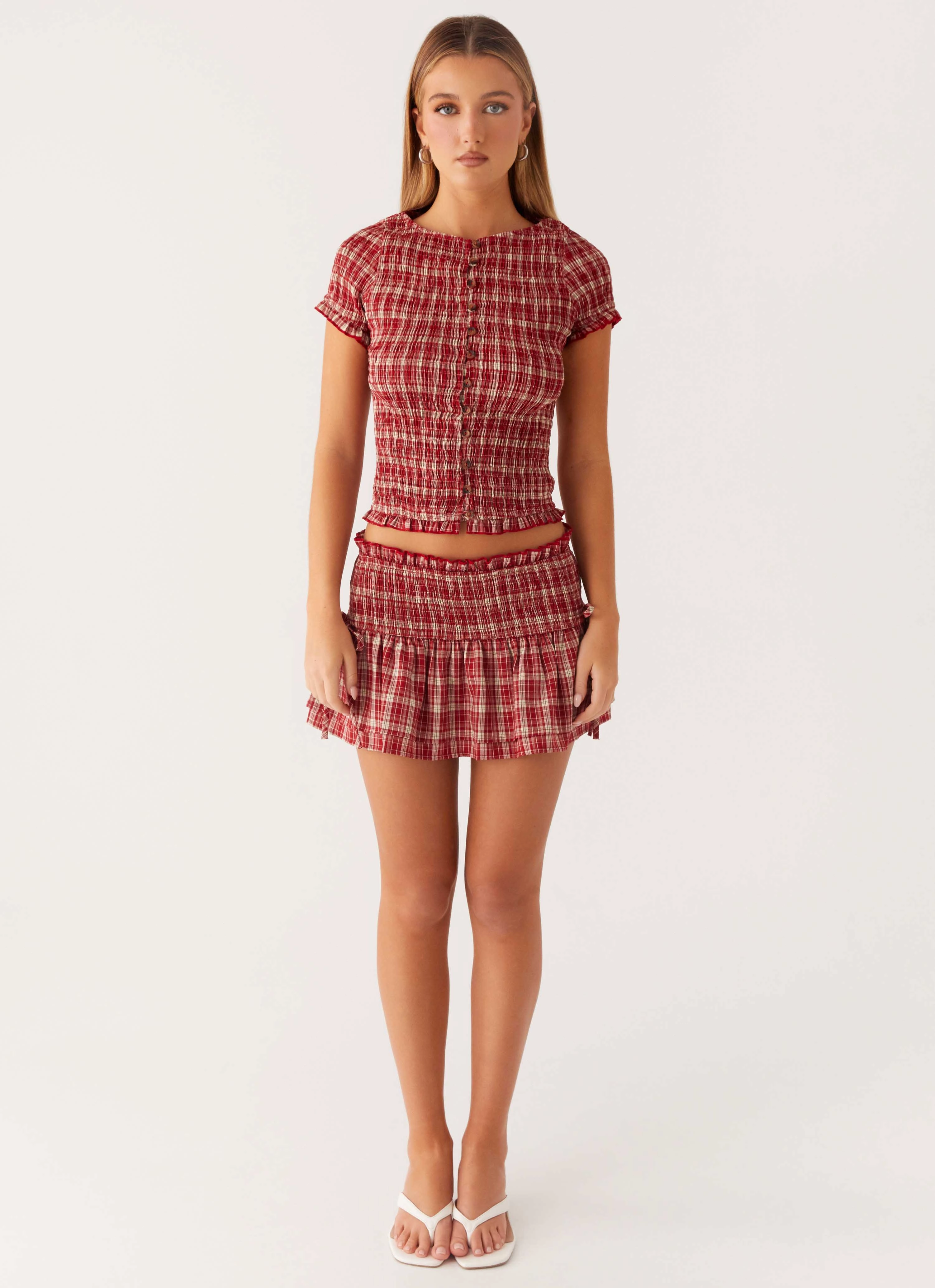 Lenore Button Top - Ruby Check Breathable Material ReinforcedShoulders