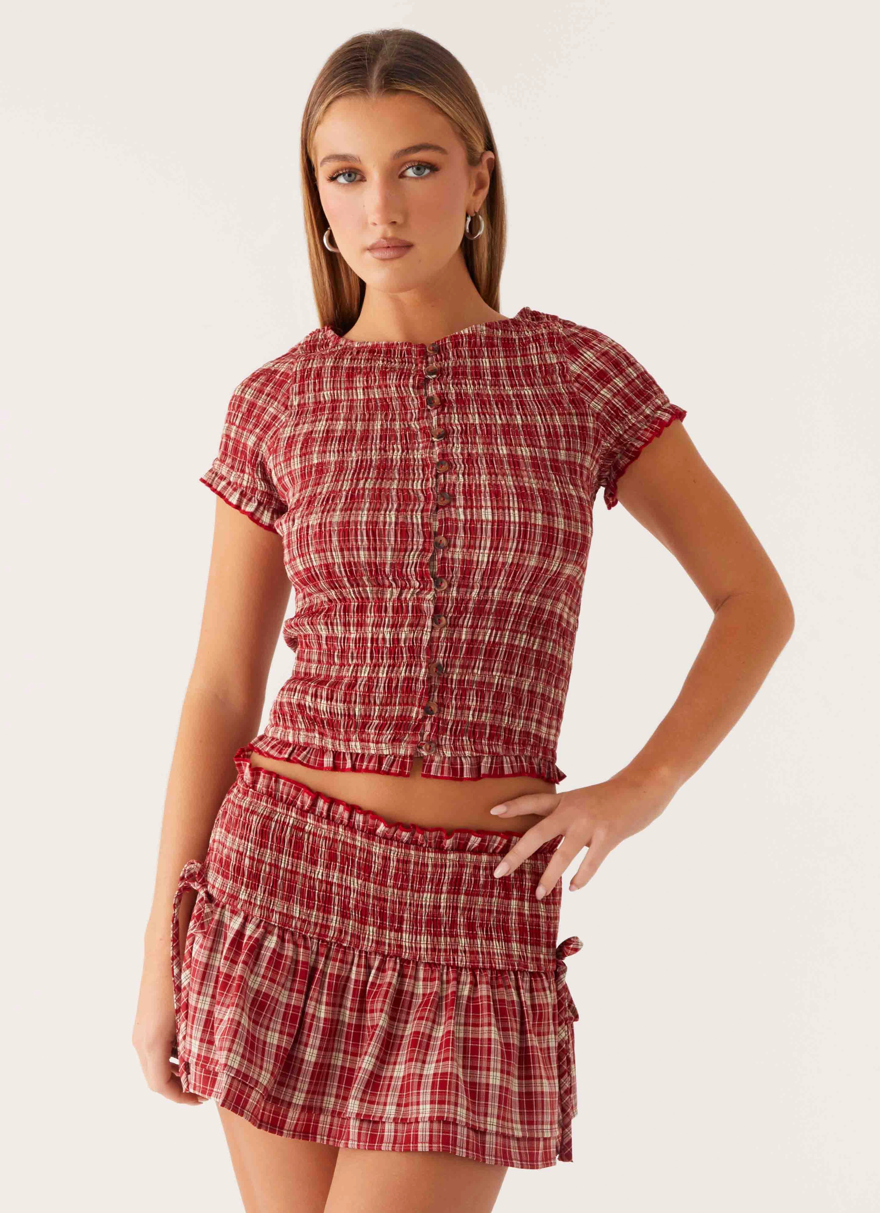 Lenore Button Top - Ruby Check Casual Tee