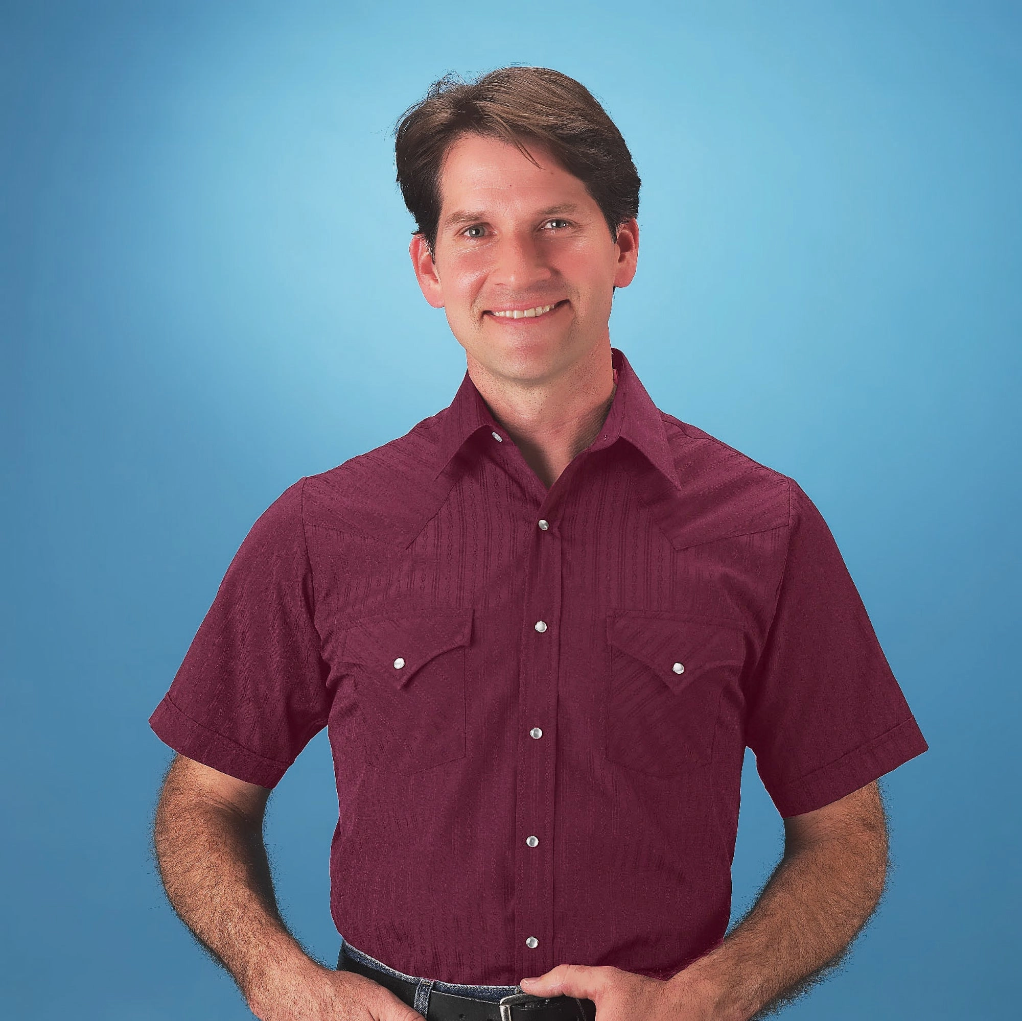 Ely & Walker Mens Tone on Tone Burgundy Western Shirt S/S Poly/Cotton Comfort First Fit Wrinkle Resistant