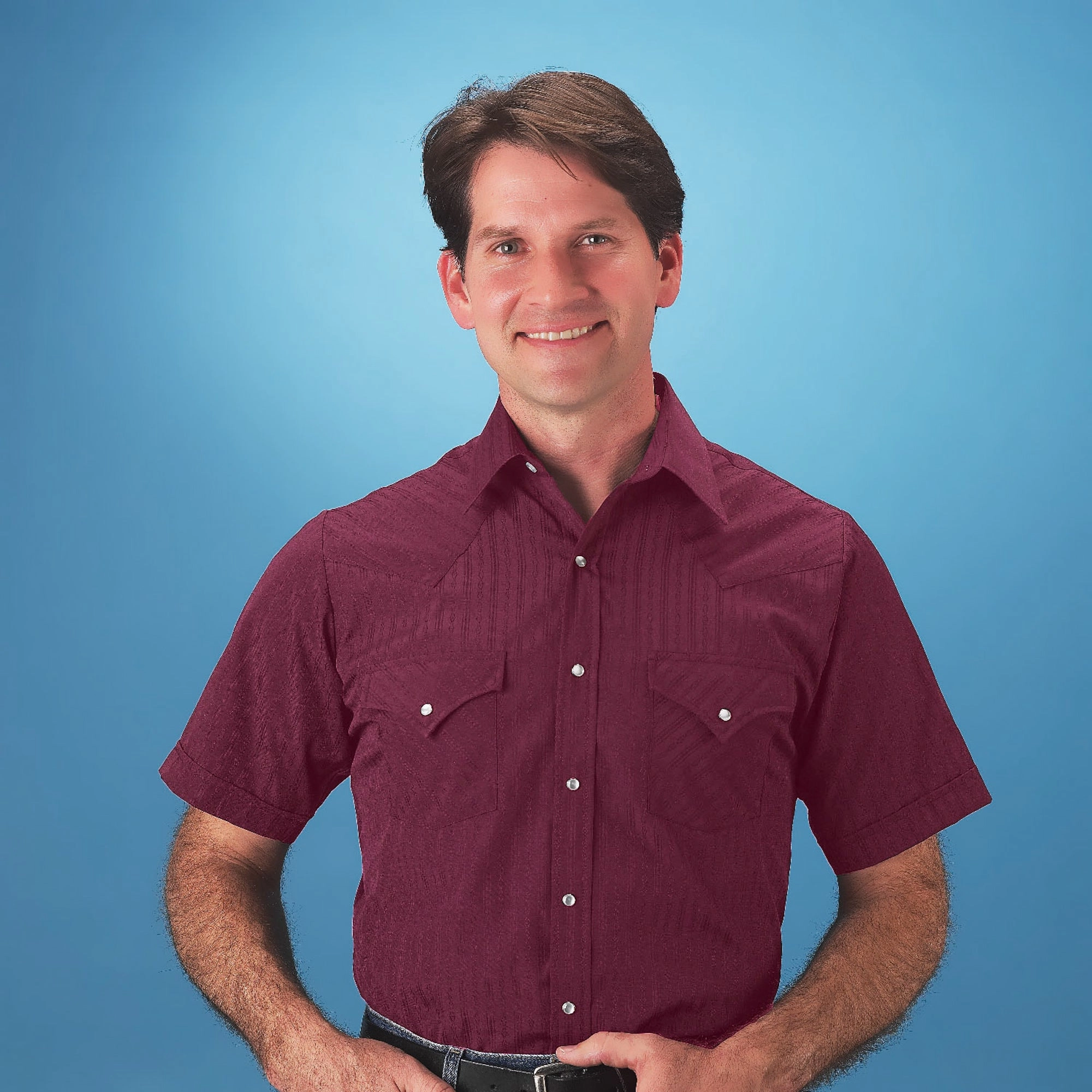 Ely & Walker Mens Tone on Tone Burgundy Western Shirt S/S Poly/Cotton Stretch Fit Technology