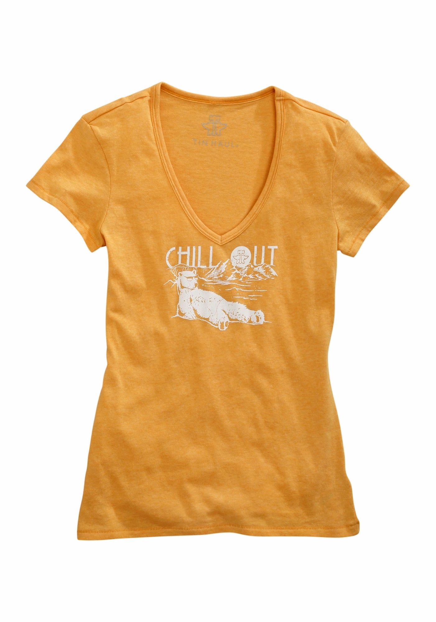 Student Essential Laser Cut Edge Detail Tin Haul Womens Polar Bear Chill Out Golden Yellow Cotton Blend S/S T-Shirt