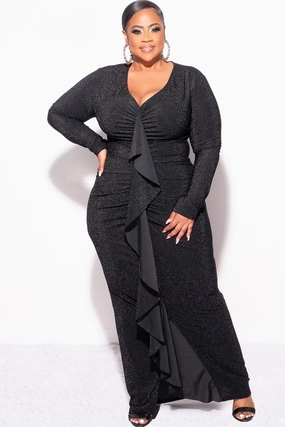 Zero Waste Cut Pattern Final Sale Plus Size V-Neck Gown with Ruched Center & Ruffle in Black Glitter Lurex Fabric