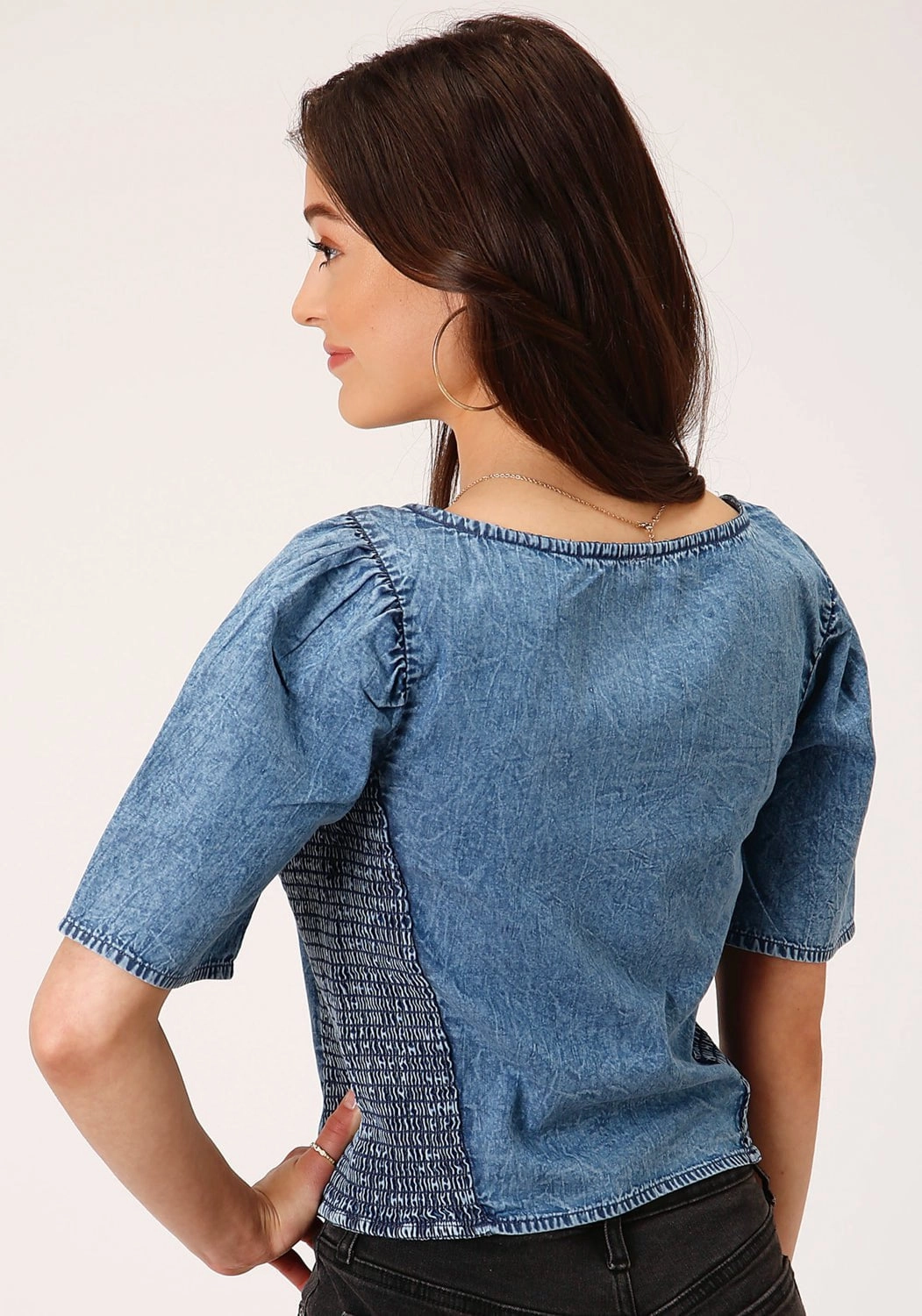 natural fiber Fashion Statement Roper Womens Medium Denim Top Blue 100% Cotton S/S Blouse