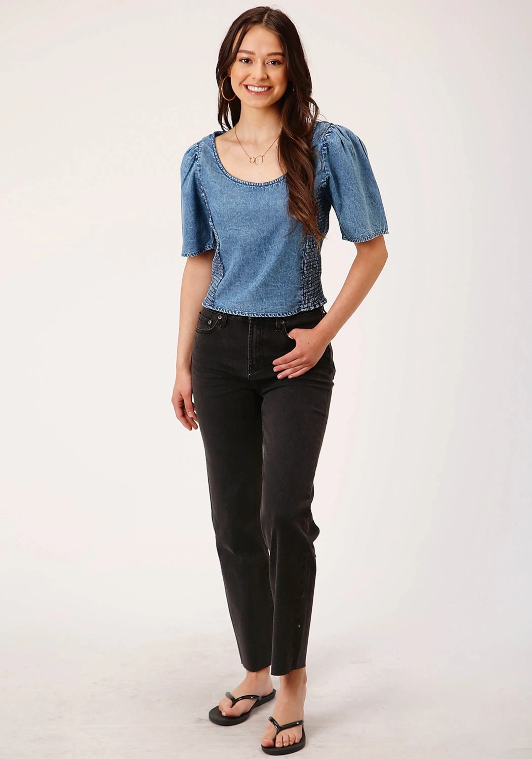 Flexible Shoulder Construction Spring Break Roper Womens Medium Denim Top Blue 100% Cotton S/S Blouse