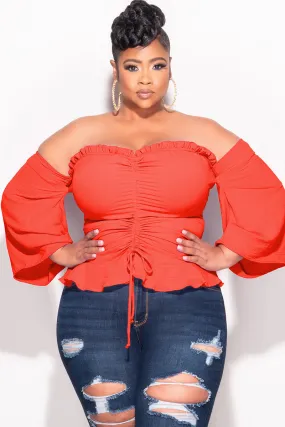 Comfy Movement quick dry Final Sale Plus Size Off the Shoulder Frill Top with Middle Drawstring in Orange