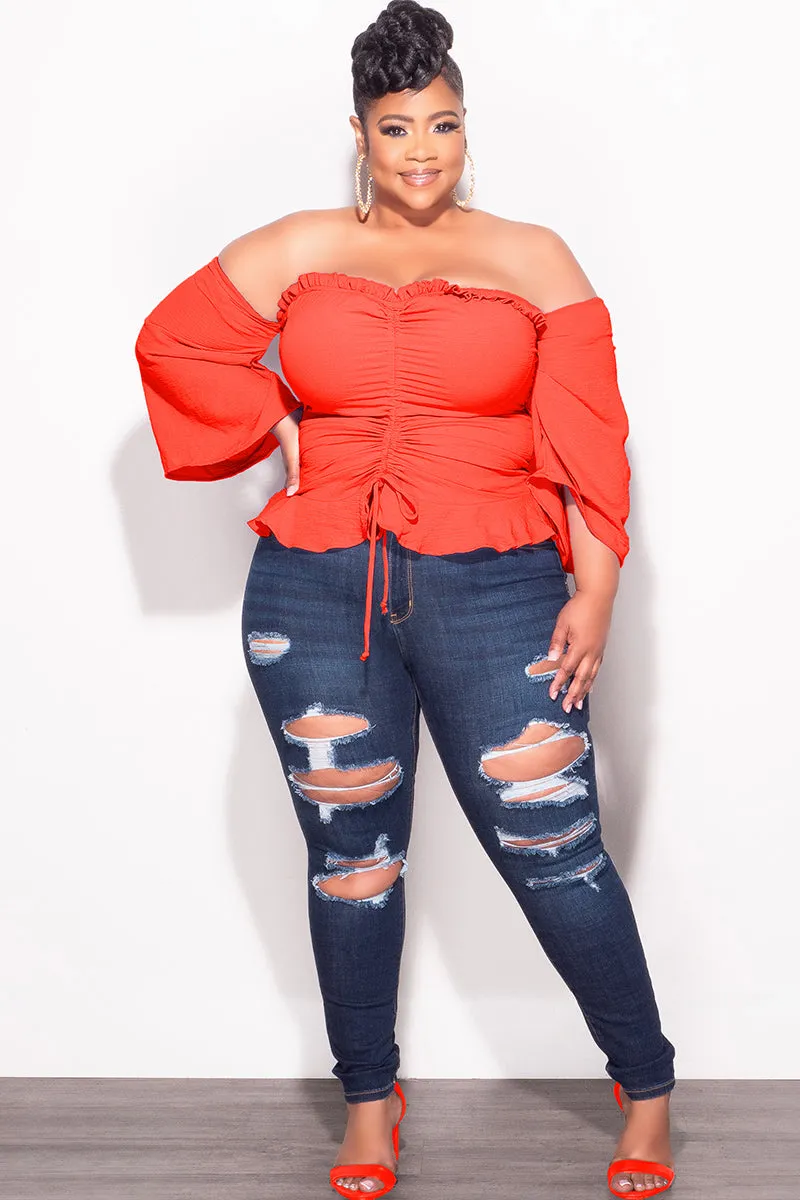 Fresh Fit Final Sale Plus Size Off the Shoulder Frill Top with Middle Drawstring in Orange