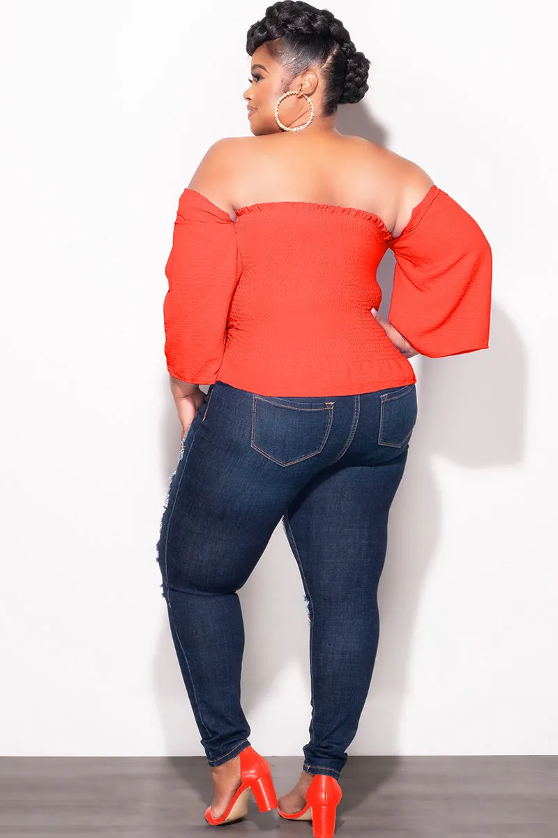 Odor Control Fabric Final Sale Plus Size Off the Shoulder Frill Top with Middle Drawstring in Orange